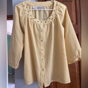 Kathy Che Yellow Boatneck Button-Down Top with grommet details L Large